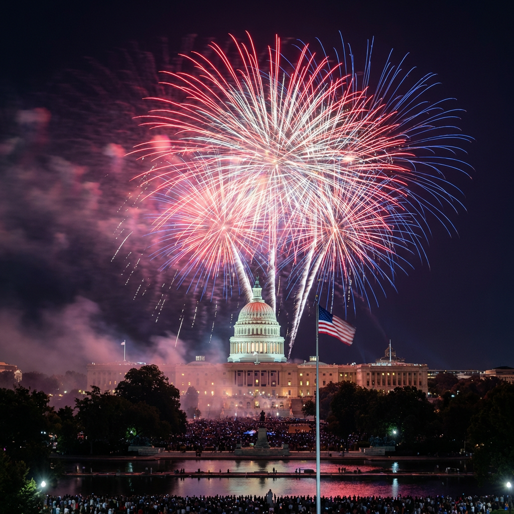 Red and white fireworks burst over the illuminated United States Capitol dome at night.