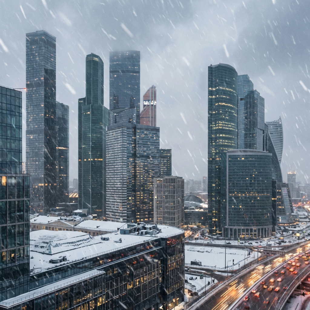 Tall glass skyscrapers shrouded in falling snow during a winter twilight in a city.