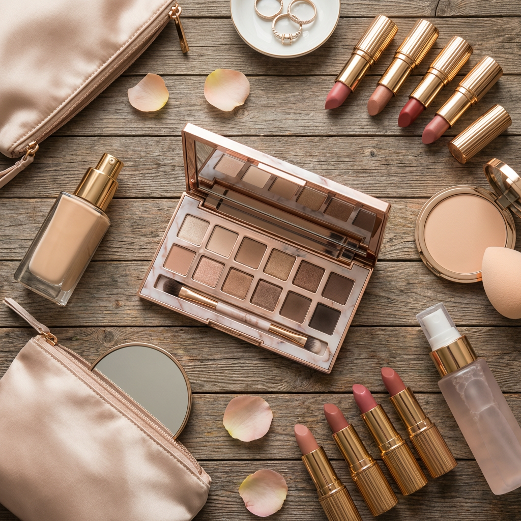 Overhead view of neutral eyeshadows, lipsticks, and liquid foundation on a wooden background.